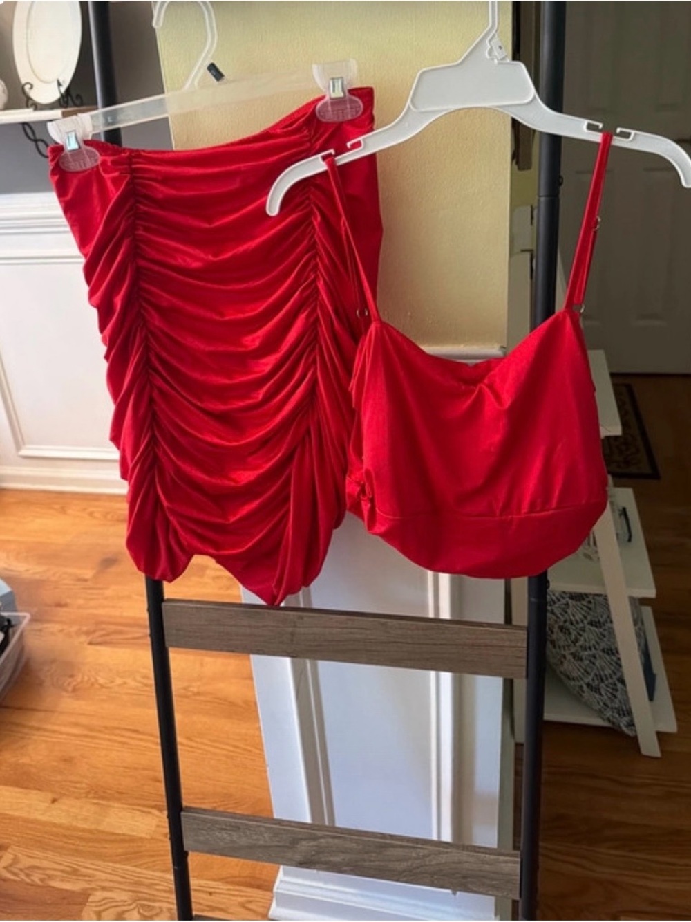 Red Ruched Mini Skirt & Cropped Cami Set
